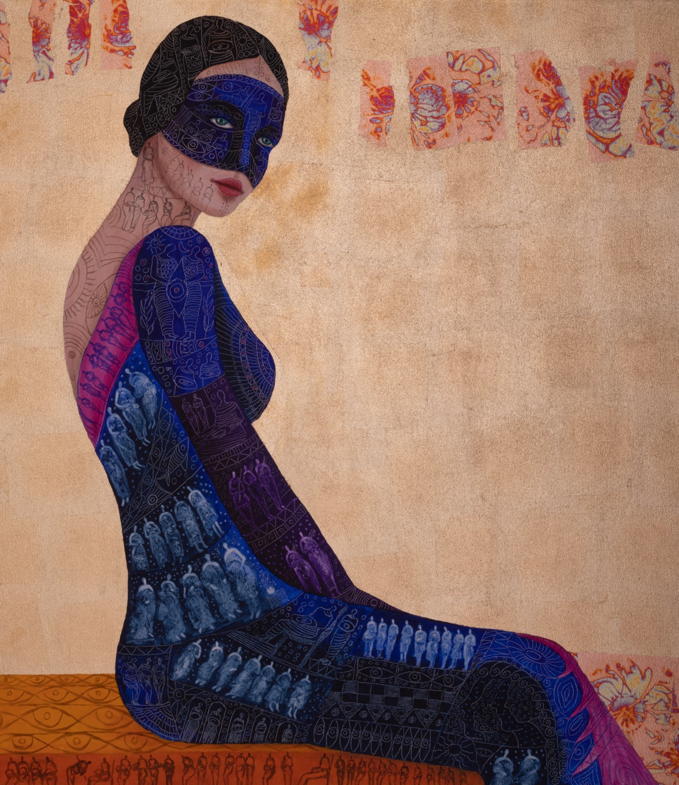 Woman in Blue. 2021. 105x120 cm (41,3x47,2 inches). Mixed Media and Gold Leaf on Canvas.